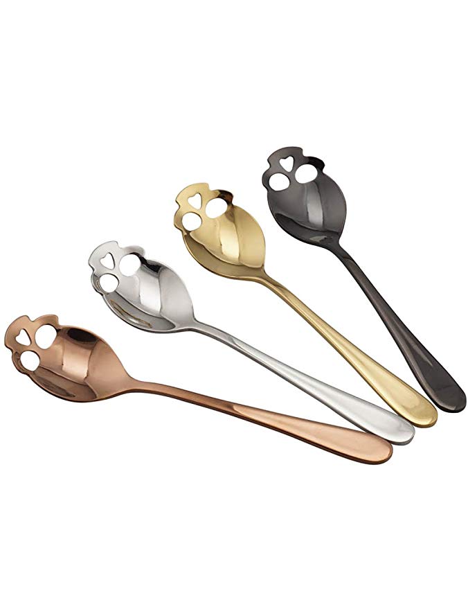 304 Stainless Steel Sugar Skull Tea Spoons Coffee Metal Stirring Slotted Spoon Set of 4 Silver Ladle (4colors)