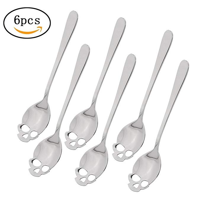 Winnerbe 6PCS 304 Stainless Steel Tea Coffee Sugar Stirring Spoon Scoop Teaspoon Tableware Skull Shape for Holloween(18/10 Chromium Nickel)