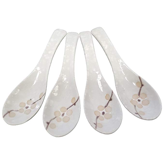 Happy Sales HSSP-CBW4, Ceramic Soup Spoons 4 pc, Cherry Blossom White