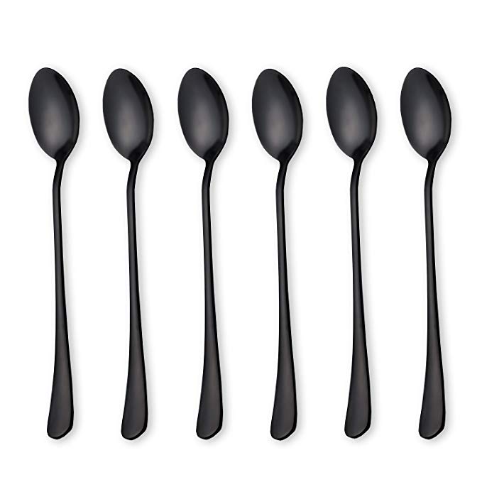 6-Pieces Stainless Steel Long Handle Ice Tea Coffee Mixing Spoons, Icecream Spoon, Espresso Deluxe Spoon, Bar spoon, 7.62-inch(Black)