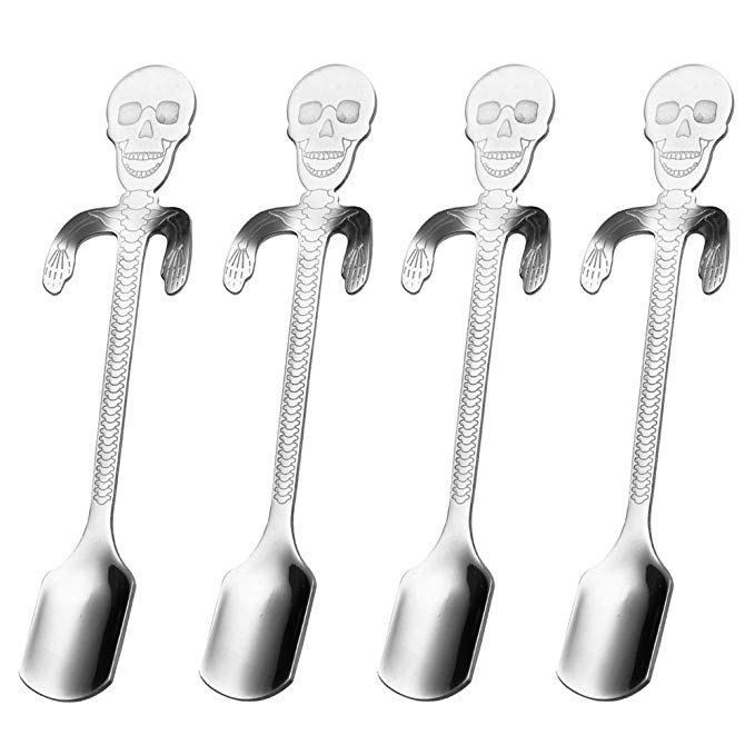 RYVORBE Skull Spoons Stainless Steel Hanging Novelty Small Sugar Spoons for Dessert Tea Appetizer (5 Inches, Set of 4)