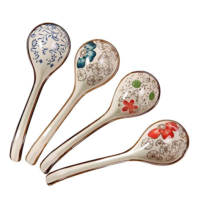 Pretty Hand-printed Ceramic Spoons with Comfortable size for Eating Soups,Set of 4 Long handle Hook Spoon Soup Spoon Hand-crafted Tableware