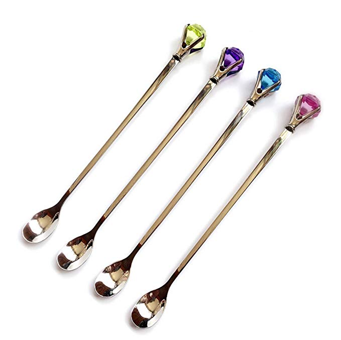 WellieSTR SET OF 4PCS Lovely Tableware Crystal/Rhinestone Stainless Steel Mixing Spoon, Cocktail Shaker Spoon,Party Stir Bar Spoon,Long Handle Spoon (Random Color)