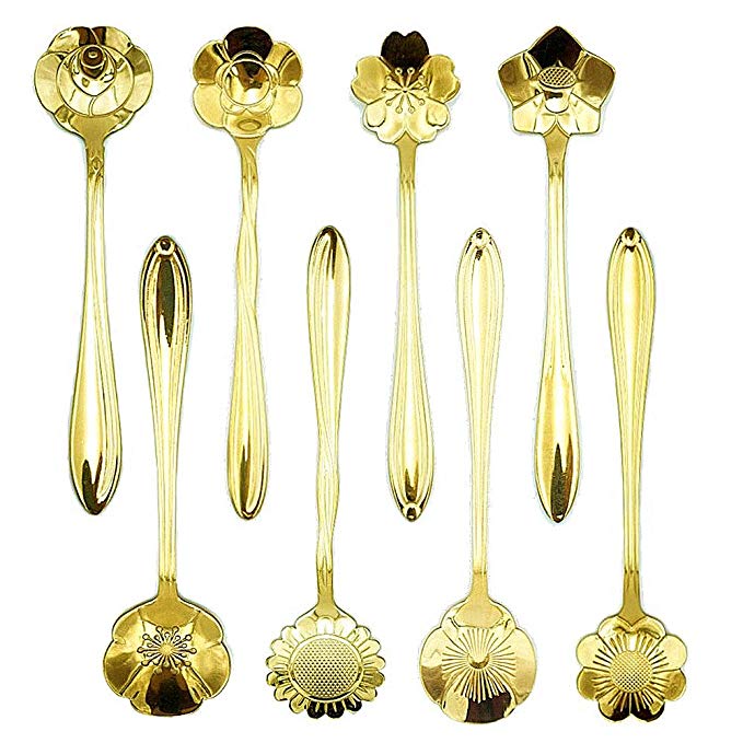 ERCRYSTO Stainless Steel Tableware Creative Flower Coffee Spoon, Stirring Spoon, Sugar Spoon, Stir Bar Spoon, Mixing Spoon, Tea Spoon, Ice Tea Spoon, Ice Cream Spoons,8 Diffient Pattern, Color Golden