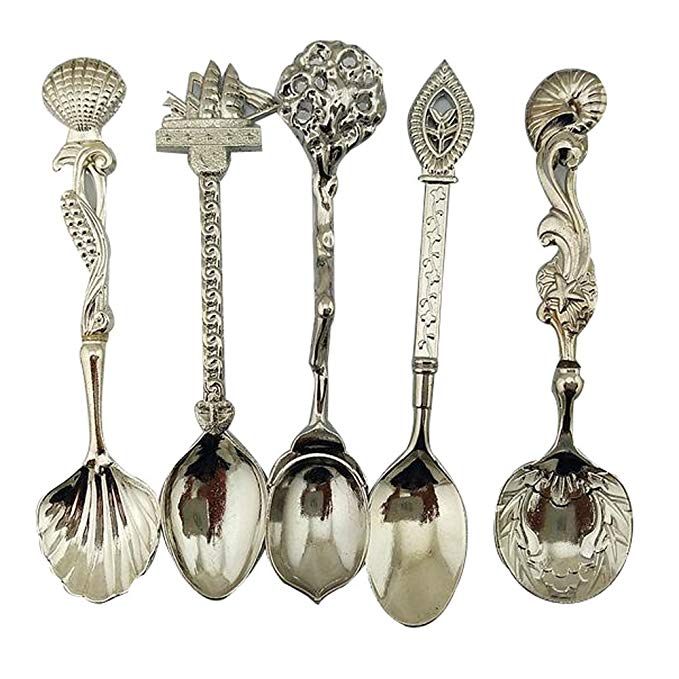 Verdental Retro Stereoscopic Coffee Spoon Tea Spoon Dessert Spoon Mixing Spoon Ice Cream Spoons Set of 5 (Silver)