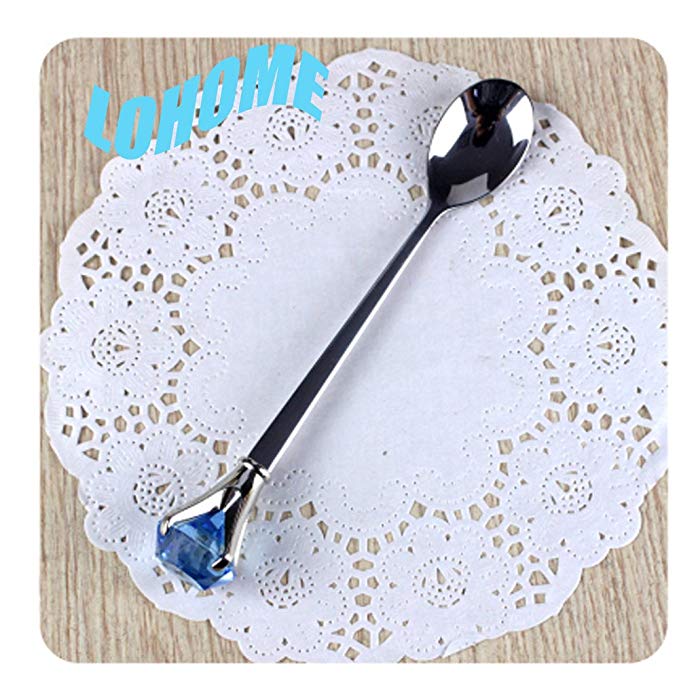 LOHOME(TM) One Pair Lovely Tableware Crystal Stainless Steel Short-handled Mixing Spoon Coffee Diamond Spoon Scoop (Size: 14.5*2.2cm) (Blue)