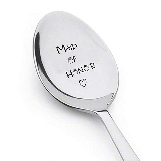 Maid Of Honor With Little Ring and Heart - Silverware Spoon - Wedding-Personalized Spoon-Gift-Flatware-Trendy-Bridesmaid-Gift Cute Spoon - Engraved Spoon - Spoon Gift