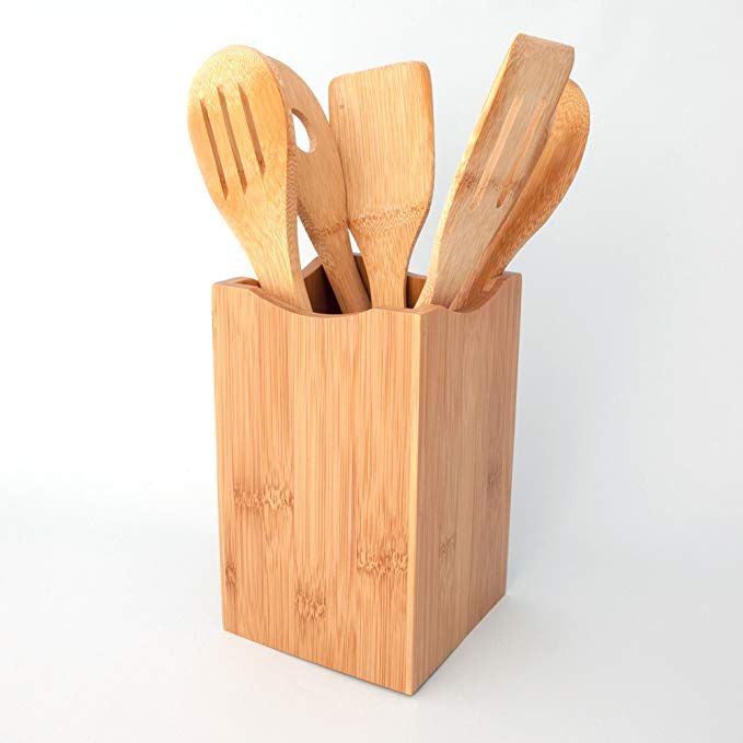 6 Piece Bamboo Utensils and Holder - 100% Natural Wood by Simply Natural Bliss that is Environmentally Friendly - Cooking Spoons & Spatulas for everyday use in a beautiful bamboo box