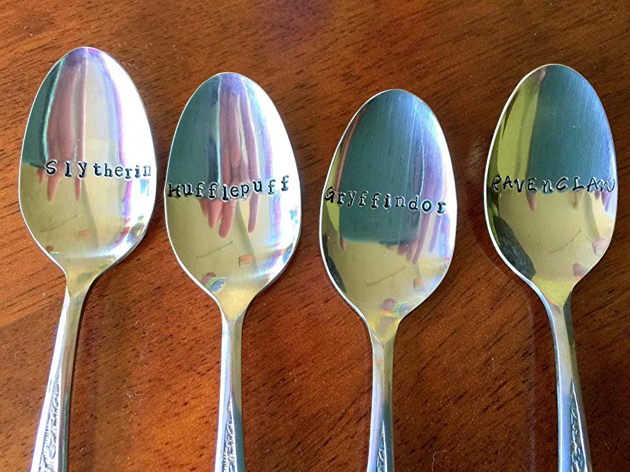 Harry Potter Houses of Hogwarts School~ NEW FLATWARE Hand Stamped Spoons. Unique Gift. Buy your favorite spoon or the entire set of 4: RAVENCLAW, SLYTHERIN, GRYFFINDOR, HUFFLEPUFF