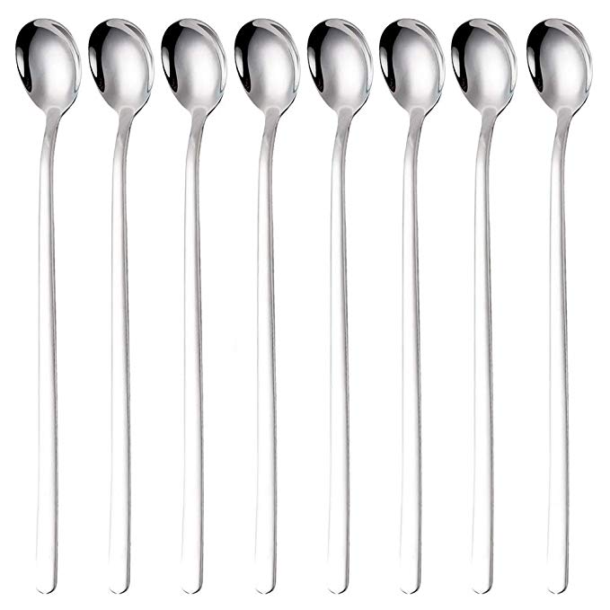 OMGard 9-Inch Long Handle Spoon 18/10 Stainless Steel Spoon Set Mixing Spoon Ice Cream Spoon Long Spoon Iced Tea Spoon Coffee Spoon Dessert Spoon Milkshake Spoon,Set of 8(Silver Ice spoon)