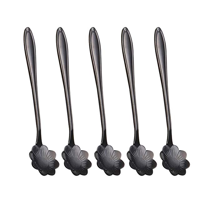 Verdental Coffee Scoops, Stainless Steel Tableware Creative Calliopsis Flower Pattern Coffee Spoons Stirring Spoon Sugar Spoon Teaspoon (Black)