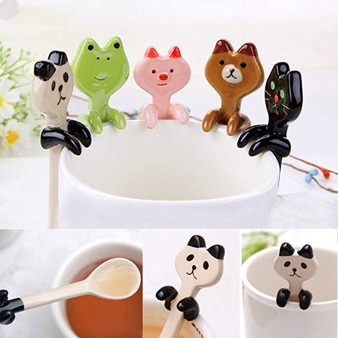 Kangkang@ 5PCS Cartoon Ceramic Coffee Tea Ice Cream Stirring Mixing Spoon Teaspoon Tableware For Kitchen Office Bar Party Stirrer