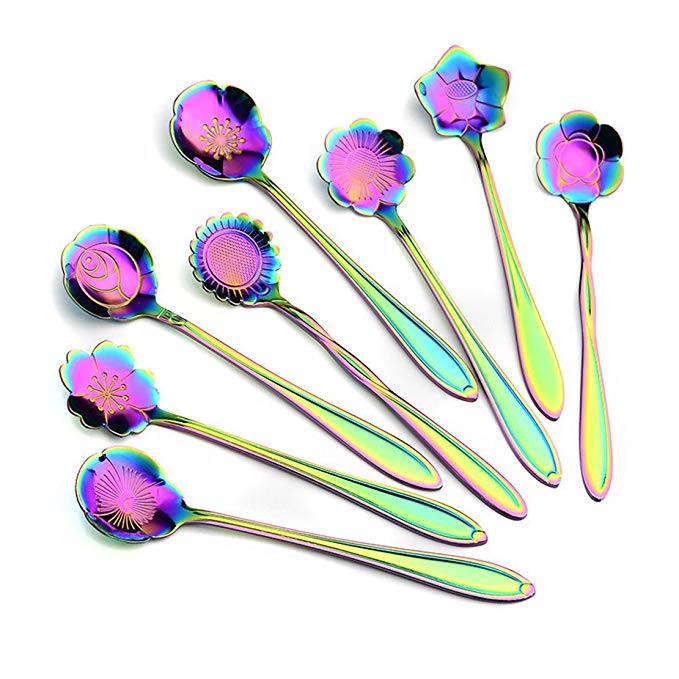 Yzakka Flower Spoon Set Stainless Steel Teaspoons Reusable Coffee Stirrers Colorful Tea Scoops Coffee Spoon Tea Spoon Mixing Spoon Sugar Spoon, Set of 8, Rainbow