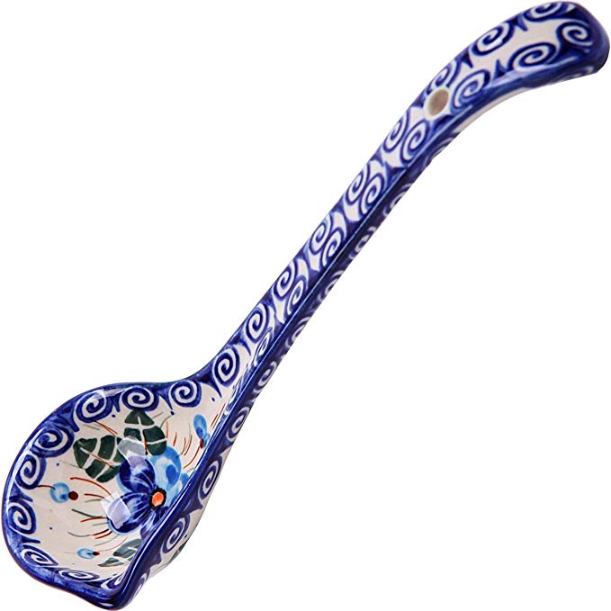 Polish Pottery Ceramika Boleslawiec, 1025/162, Ladle Small, 2 1/2 by 7 Inches long - Capacity of 3 Teaspoons, Royal Blue Patterns with Blue Pansy Flower Motif