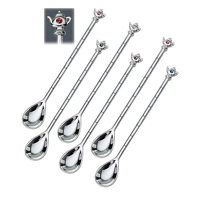 Elegance Silver Set of 6 Teapot Iced Tea Spoons With Crystal